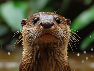 Wall Mural - close-up of a wet river otter with droplets on its fur against a blurred leafy background