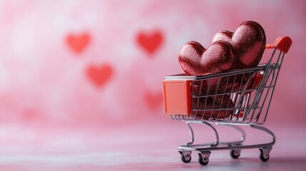 Red heart shapes in a shopping cart on a sweet pink background, love concept for shopping on Valentine's Day.