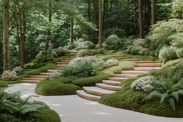 A calming nature walk through a quiet forest, where the sunlight gently filters through the tree canopy, illuminating moss-covered rocks and lush ferns along the path. The scene evokes a peaceful, med