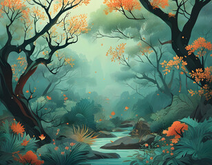 Wall Mural - Tranquil Forest Scene with Stream