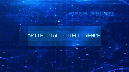 Wall Mural - Artificial intelligence Digital Text Animation over Futuristic World Map and HUD Effects