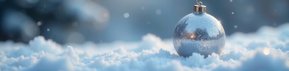 Wall Mural - Glittering silver orb suspended in mid-air, amidst a snowy landscape of white fur, festive, decoration