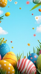 Wall Mural - colorful easter eggs lying in green grass under blue sky