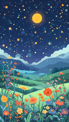 Poster - Night sky and colorful flowers