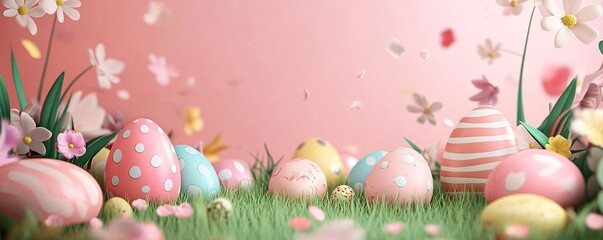 Wall Mural - colorful easter eggs lying in grass with falling petals and flowers