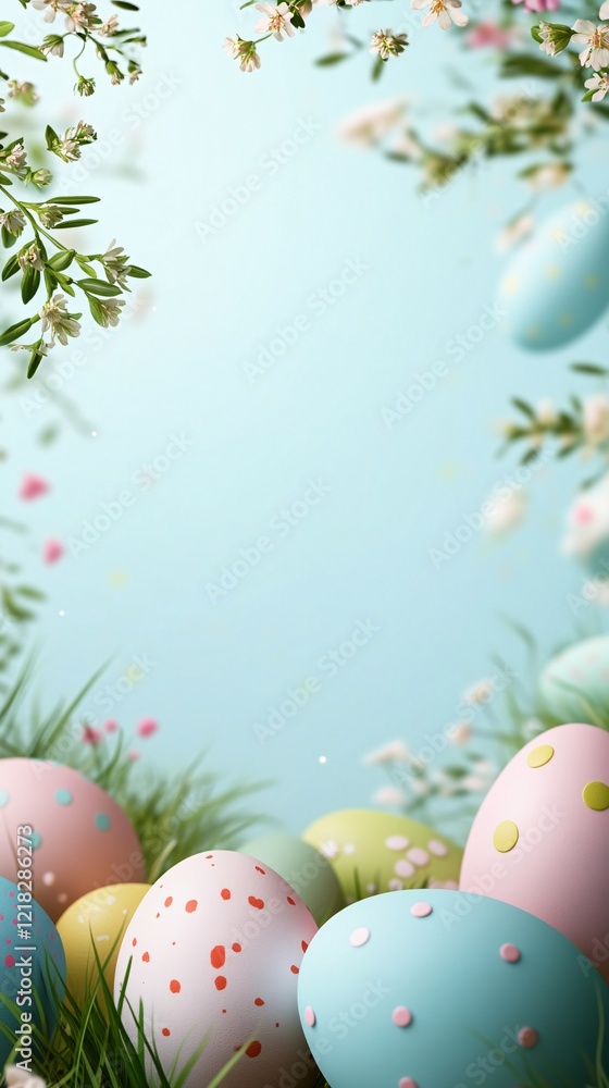 Colorful easter eggs lying in green grass with spring flowers framing a ...