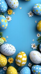 Sticker - Colorful easter eggs and daisies forming a border on light blue background