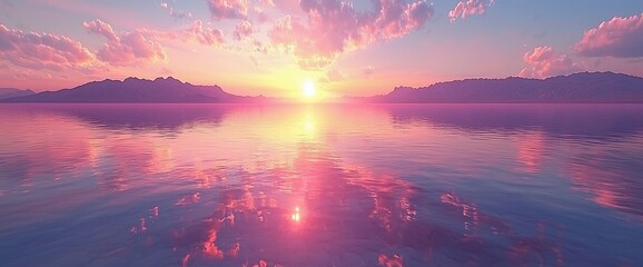 Canvas Print - Serene sunset over calm water, reflecting vibrant pink and orange hues in the sky and tranquil lake.