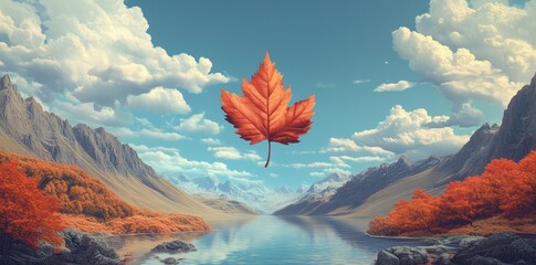 Wall Mural - Autumn Leaf Floating Above Serene Mountain Lake Scene