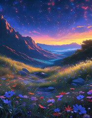 Poster - Starry Night Mountain Meadow