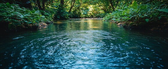 Sticker - Tranquil jungle stream with clear, blue water flowing through lush green vegetation.