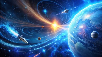 Wall Mural - a futuristic spaceship navigates a celestial tapestry of vibrant nebulae, planets, and star systems