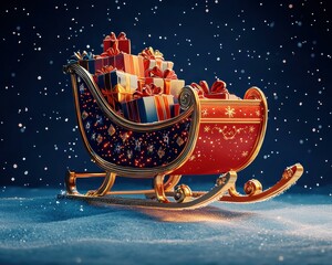 Wall Mural - A sleigh filled with gifts sits in the snow. AI.