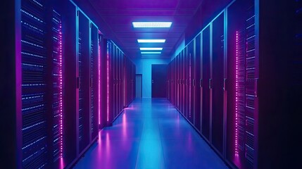 High-tech data center interior with rows of illuminated servers glowing in blue and purple hues, highlighting modern cloud computing.