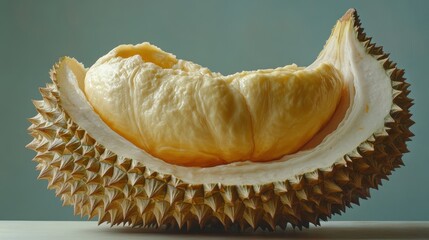 Peeled durian displaying creamy yellow flesh on a wooden table with a tropical setting in the background