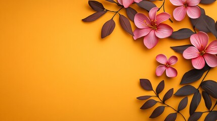 Aufkleber - Pink flowers and dark leaves creating a border on orange background