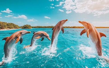 Four dolphins leaping playfully in turquoise ocean water.