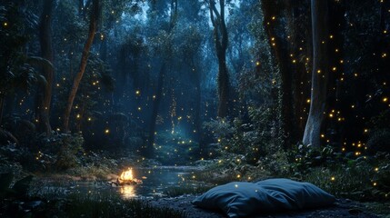 night jungle forest with swamp and firefly vector background. fantasy game landscape with tree, pond
