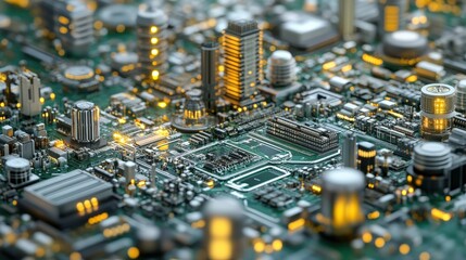 Poster - Detailed View of a Modern Microchip Cityscape with Glowing Lights Represents Technological Advancement and Innovation in Electronics and Computer Engineering