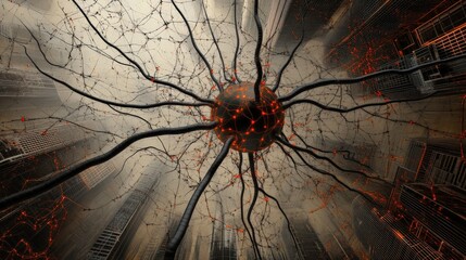 Poster - Intricate Network of Neurons Connecting Through Urban Landscape, Symbolizing Modern Technology and Communication in a Futuristic Metropolis