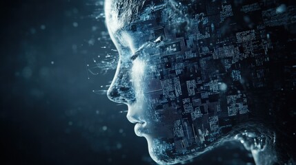 Poster - Abstract representation of a human face blended with digital circuits and glowing binary code, symbolizing artificial intelligence and technological innovation in the modern world.