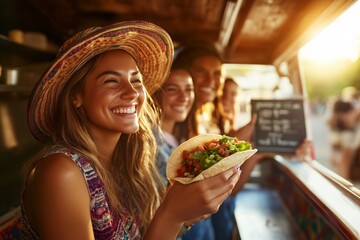 Happy tourist girl eating tacos at food truck with friends in background