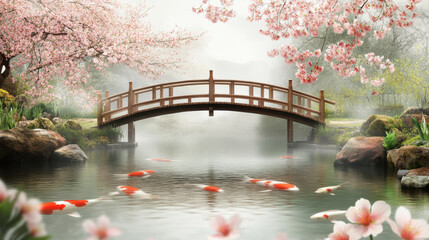 Wall Mural - serene Japanese zen garden featuring koi pond, wooden bridge, cherry blossoms, and tranquil water. This peaceful scene evokes calmness and harmony in nature