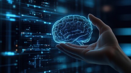 Poster - Futuristic Concept of Artificial Intelligence Represented by a Holographic Brain Held by a Human Hand Against a Background of Digital Data Flow and Technology Elements