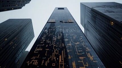 Poster - Modern Skyscraper with Unique Architectural Design Illuminated at Night Against Dramatic City Skyline, Capturing Urban Life and Innovation in a Metropolitan Environment