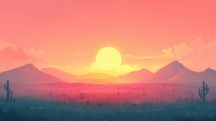 Wall Mural - Sunset over desert landscape with cacti. Perfect for backgrounds, travel, or nature themes.