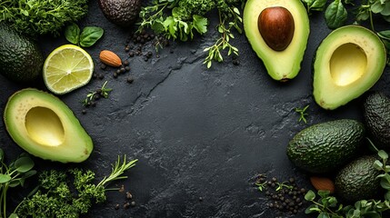 Wall Mural - Vibrant Display of Fresh Avocados and an Assortment of Colorful Fruits Arranged Artfully on a Dark Surface Highlighting the Natural Beauty and Richness of Healthy Eating Choices