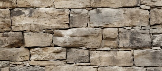 Aufkleber - Textured aged stone wall with grey and beige stones arranged irregularly, providing ample copy space on the left side for design usage.