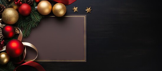 Wall Mural - Festive flat lay of red and gold Christmas ornaments with pine greenery and an empty card on a dark textured background for ample text space