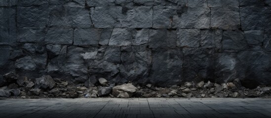 Fototapete - Textured dark stone wall with scattered rocks in the foreground, providing ample copy space for design elements, creating a dramatic ambiance.