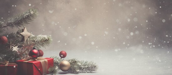 Aufkleber - Festive spruce branches adorned with red and gold ornaments beside beautifully wrapped gifts on a soft grey background with gentle snowfall effect