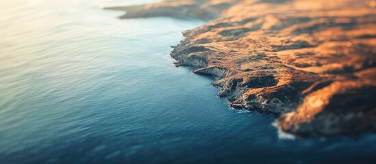 Wall Mural - Aerial view of a rugged coastline with blurred ocean waves reflecting soft golden hues from the sunset, creating a dreamy atmospheric effect.