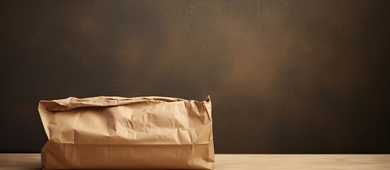 Wall Mural - crumpled brown paper bag placed on a wooden surface against a dark textured background with ample em