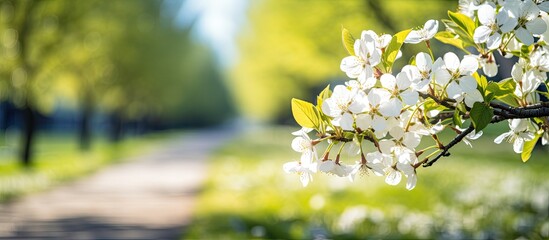 Aufkleber - Blurry bokeh background featuring blossoming white flowers on branches with bright green foliage under sunlight in a serene garden path setting