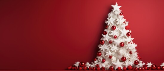 Wall Mural - Large white wooden Christmas tree arrangement adorned with red ornaments positioned on the right against a vibrant red background with empty space.