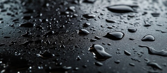 Leinwandbilder - Close-up of water droplets on a dark textured surface highlighting reflections and transparency with a focus on contrasting shades of black and gray.