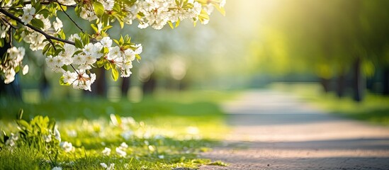 Aufkleber - Sunlit garden scene with blossoming trees in foreground, soft bokeh effect in background, vibrant greens and whites, pathway leading through summer setting.