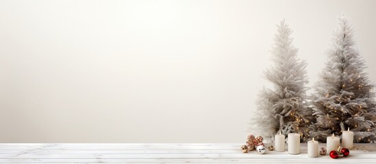 Aufkleber - Festive Christmas scene featuring white wooden table with two snowy trees on the right side and decorative candles on the left against a light background