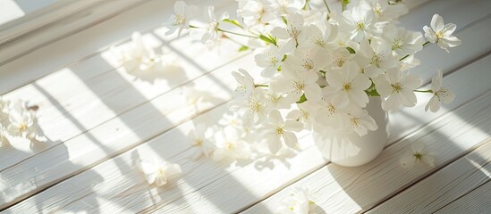 Aufkleber - Delicate white cherry blossoms in a white vase on a sunlit white wood floor with soft shadows creating an elegant and serene atmosphere.