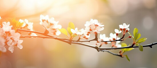 Aufkleber - Delicate white flowers blooming on a branch with soft green leaves, illuminated by warm sunlight, set against a dreamy blurred bokeh background.