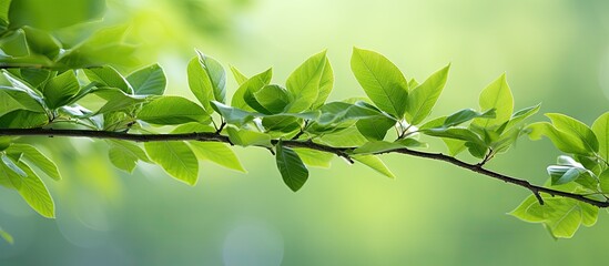 Aufkleber - Fresh green leaves on a slender branch of a European wild pear tree, softly blurred background, providing ample copy space for design needs.