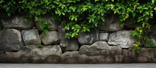Aufkleber - Lush green plants cascading down a textured natural stone wall with a clean horizontal space for text or graphics at the bottom.