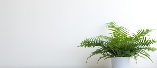Aufkleber - Vibrant green fern leaves and tropical plant in a white planter positioned in the lower corner against a clean white wall for minimalist decor.