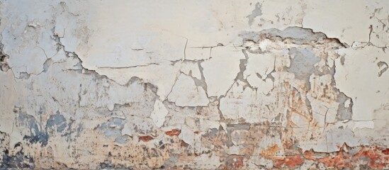 Aufkleber - Weathered cracked wall with peeling paint showcasing a textured background in muted tones of white, gray, and rusty orange for design use.