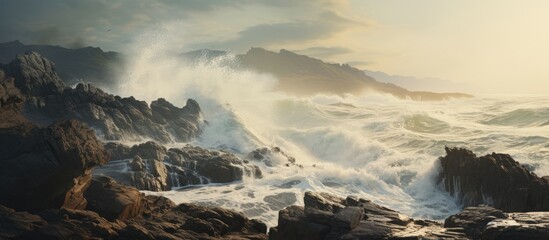 Poster - Rugged coastline with dramatic crashing waves in warm sunset tones highlighting textured rocks and foamy water against a distant hazy shoreline.