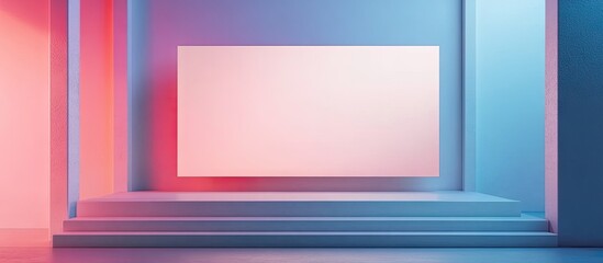 Fototapete - Product mockup of a blank promotional display banner in a vibrant blue and red exhibition space with clean lines and modern architecture
